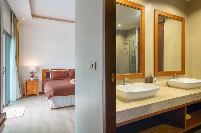 Bedroom and bathroom with double vanity